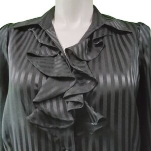 Notations Blouse Plus Size 1X Black Striped Ruffle Front Button 3/4 Sl Satin Top